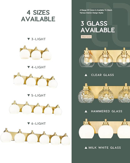 Bathroom Light Fixtures, 3-Light Brushed Gold Vanity Light, Modern Wall Sconces with Milk White Globe Glass Shade, Vanity Lighting Fixtures Over Mirror, VL195-BG-ML-3