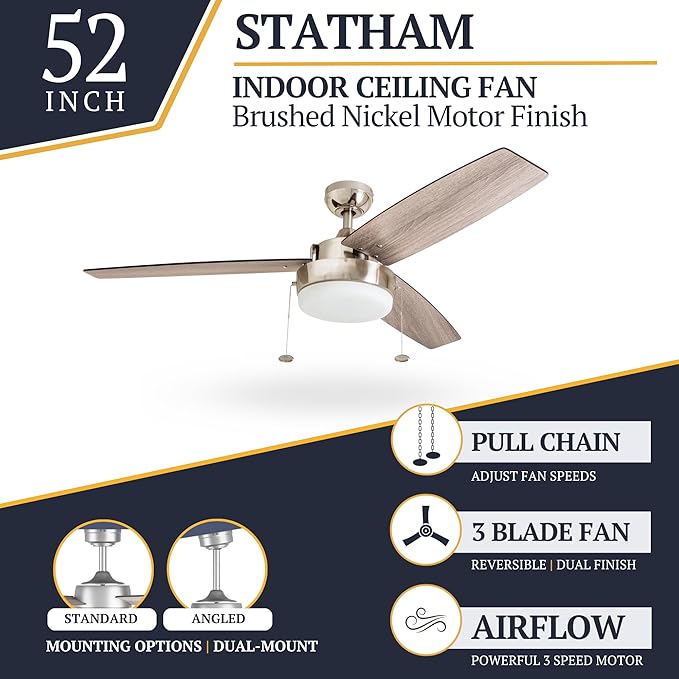 Prominence Home Statham, 52 Inch Contemporary Indoor LED Ceiling Fan with Light, Pull Chain, Dual Mounting Options, Modern Dual Finish Blades, Reversible Motor - 51018-01 (Espresso)