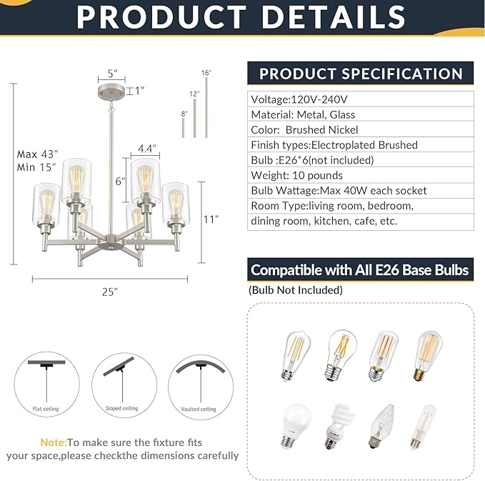 Brushed Nickel Chandelier | 6 Lights Farmhouse Chandeliers for Dining Room Light Fixtures Over Table | Hallway Lighting with Clear Glass Shade for Living Room | Kitchen | Entryway | Bedroom | Bathroom