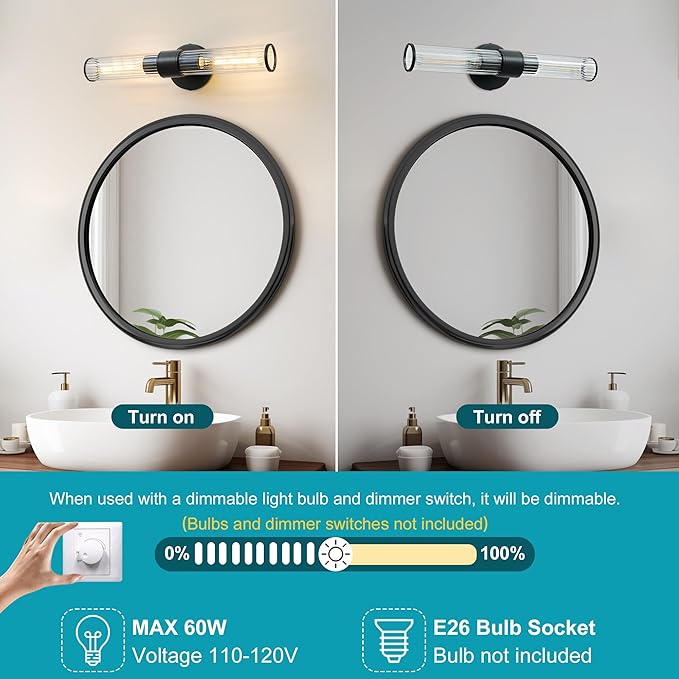 Bathroom Vanity Light Fixtures, Black Wall Sconces in Threaded Glass, Modern Wall Light for Bathroom Living Room Bedroom, Hallway - Bulb Not Included