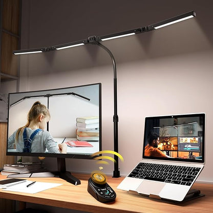 Adjustable LED Desk Lamp with Clamp, 4-Head Eye-Caring CRI95+ Desk Light, Stepless Dimming & Color Temp Remote Control, Flexible Neck, 5-Mode for Reading, Computer, Crafting, 90" Wide Desk Coverage