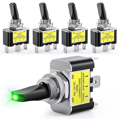 Nilight 5PCS LED Toggle Switch ON Off 12V 30A Green LED Lighted Metal Heavy Duty SPST 3 Pin Rocker Switches 12mm Mounting Hole for Automotive Cars Trucks Boats Racing Cars