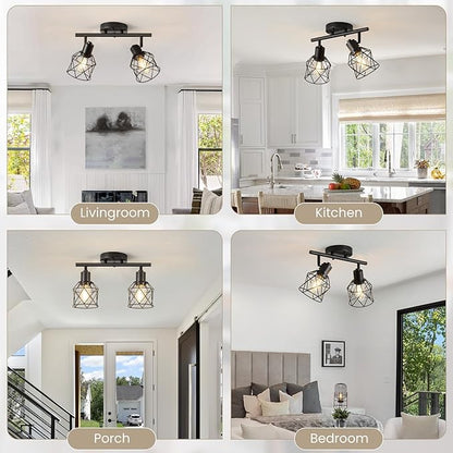 2-Lights Kitchen Track Lighting, Adjustable Multi-Directional Ceiling Light Fixtures, Rotatable Farmhouse Light Fixtures Mount with Metal Cage for Dining Room, Living Room, Bedroom, E26 Base