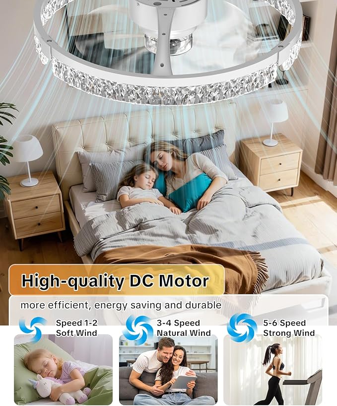 AIKVSXER 20" Low Profile Ceiling Fan with Light and Remote, Dimmable LED Flush Mount Ceiling Fan, 6 Speeds, White Modern Design for Bedroom/Living Room （White-Crystal）