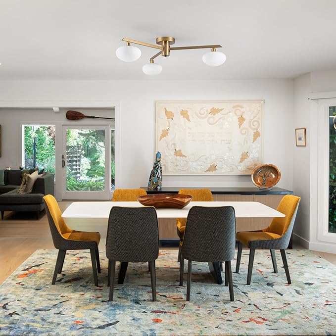 3-Light Mid Century Modern Ceiling Light 22.5" Gold Semi Flush Mount Ceiling Light with Milk Glass Shade for Bedroom, Entryway, Hallway, Kitchen lsland, Dining Room & Living Room