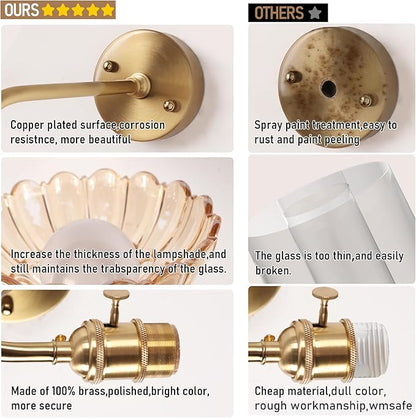 Vintage Battery Operated Wall Sconces Set Of Two, Indoor not Hardwired Brass Amber Glass Lampshade Fixtures,Rechargeable Wireless RGB Wall Lights with Dimmable Remote Control,for Bedroom Living Room