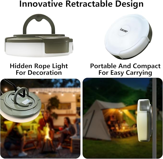 2-Pack Camping String Lights, 16.4FT Rechargeable Waterproof Hanging Lamp Portable LED Light for Outdoor Camping Awning Tent Garden Party Yard Festival Decor (5 Lighting Modes)