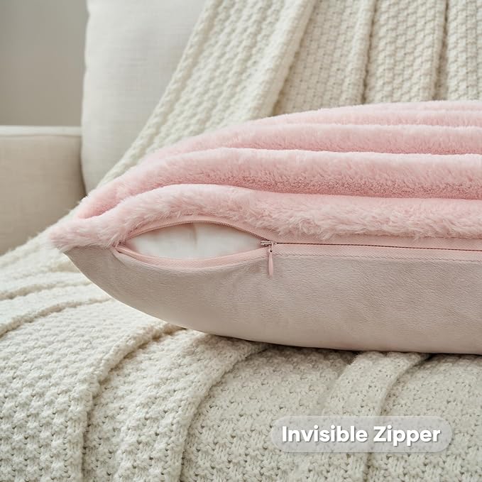 FUTEI Pack of 2 Solid Faux Fur Plush Throw Pillow Covers 18x18 Inch Soft Fluffy Striped Decorative Cushion Cases Modern Farmhouse Accent for Couch Bed Living Room, Pink