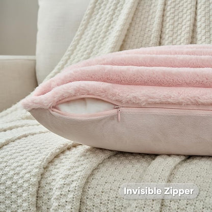 FUTEI Pack of 2 Solid Faux Fur Plush Throw Pillow Covers 18x18 Inch Soft Fluffy Striped Decorative Cushion Cases Modern Farmhouse Accent for Couch Bed Living Room, Pink