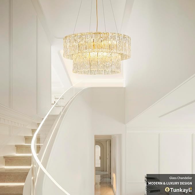 24" Modern Gold Crystal Chandelier Living Room 8-Light Crystal Elegant Lighting Large Glass Chandelier Luxury 2-Tier Round Chandeliers for Dining Room Foyer Living Room Bedroom