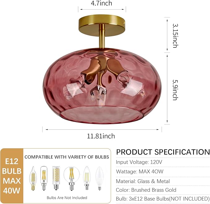 Luafac Red Glass Semi Flush Mount Ceiling Light - 12 Inch Hammered Glass Hallway Light fixtures, Vintage Gold Flush Mount Ceiling Light,Mid Century Light Fixture for Entryway Laundry Room Foyer Porch
