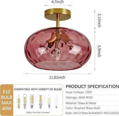 Luafac Red Glass Semi Flush Mount Ceiling Light - 12 Inch Hammered Glass Hallway Light fixtures, Vintage Gold Flush Mount Ceiling Light,Mid Century Light Fixture for Entryway Laundry Room Foyer Porch