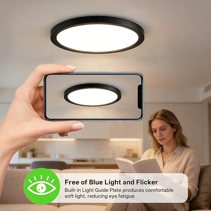 15.8Inch 1Pack Super Slim Flush Mount Ceiling Light Fixture,30W 3400LM Dimmable 5CCT Selectable 2700K-5000K Round Light Fixture for Living/Bedroom,Kitchen/Bathroom,Porch&All Indoor Spaces Black