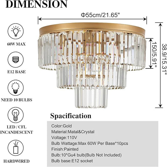 10-Light Gold Crystal Ceiling Light 21.65" Modern Crystal Ceiling Light Fixture 3-Tier Luxury K9 Crystal Flush Mount for Dining Room Kitchen Island Living Room Bedroom Entryway
