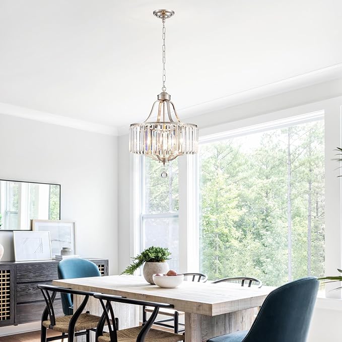 Modern Crystal Chandeliers Round 4-Light Large Brushed Nickel Pendant Lighting Fixture for Dining Room Living Room Kitchen Island Bedroom Hallway Hall Foyer, 15.7"