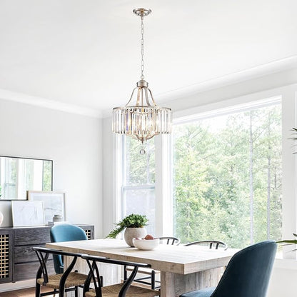 Modern Crystal Chandeliers Round 4-Light Large Brushed Nickel Pendant Lighting Fixture for Dining Room Living Room Kitchen Island Bedroom Hallway Hall Foyer, 15.7"