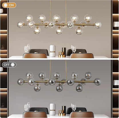 Globe Gold Chandelier Smoke Grey Linear Rectangle Modern Chandeliers Glass Pendant Light Fixture Adjustable for Dining Living Room Kitchen Island 55"