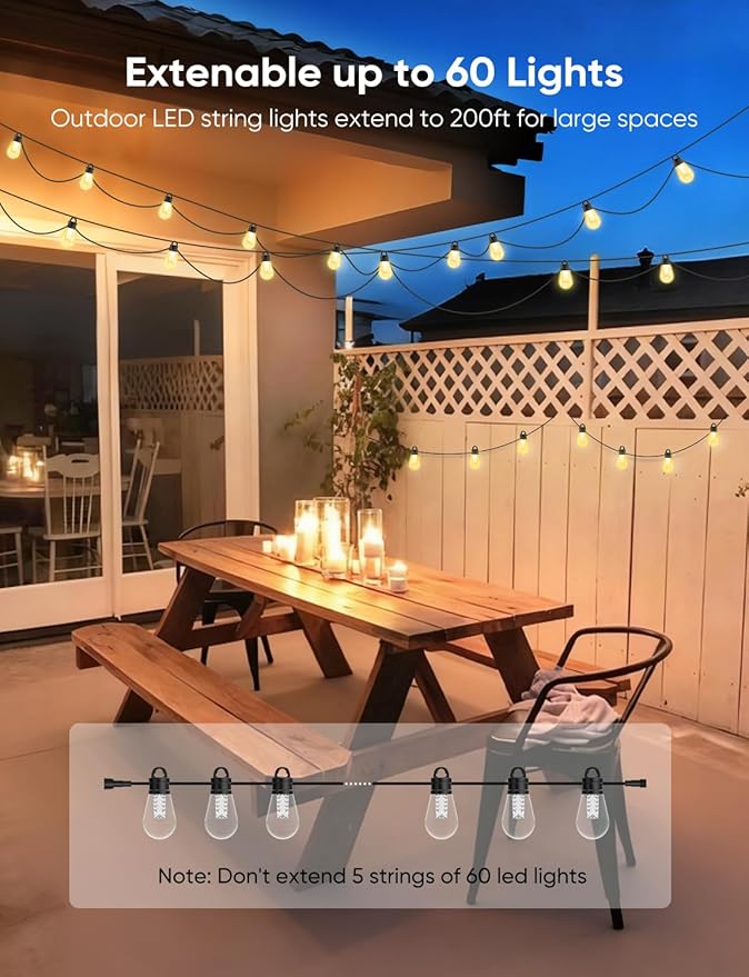 APPECK Outdoor String Lights, 150ft Smart RGBW Patio Lights Outside with 45 LED Bulbs, Extendable, 111 Scene Modes, IP65 Waterproof Lighting for Backyard, Dimmable Warm White, Compatible with Alexa