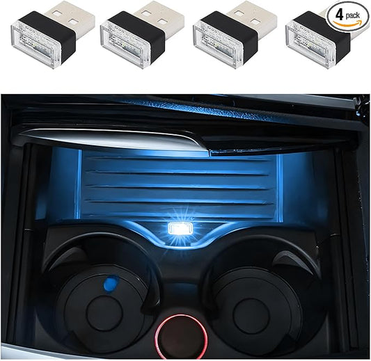 Dickno 4 PCS USB LED Car Interior Atmosphere Lamp, Portable Mini LED Night Light, Plug-in USB Interface Trunk Ambient Lighting Kit, Universal Vehicle Interior Accessories (Ice Blue)