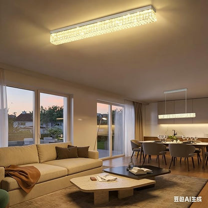 ykolupty L 40" Modern Rectangle Chandelier Silver Rectangular Flush Mount Chandelier Crystal Ceiling Light Fixture for Dining Living Room Kitchen Island
