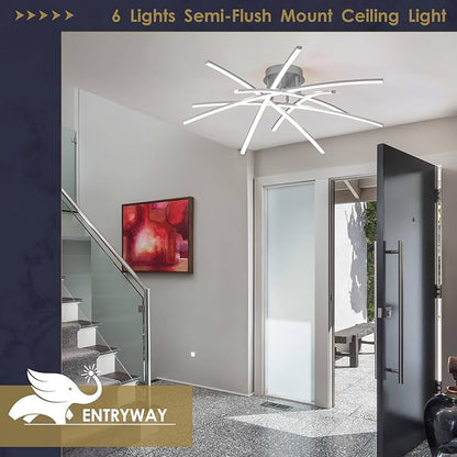 Semi Flush Mount Ceiling Light, 32.8” Dimmable LED Chandelier Modern Ceiling Lighting Fixture Dimmable Remote Control 6-Lights Lamp for Living Room Dining Room Bedroom 65W 3000K-6000K