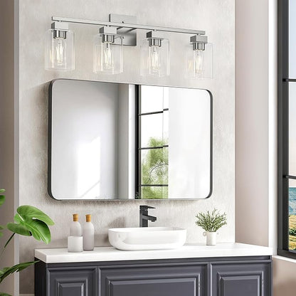 4 Light Bathroom Vanity Light - Brush Nickel Matte Vanity Lights Square Design & UL Certification & Square 26” Silver Bathroom Lights Fixture Over Mirror, Brush Nickel Light for Bedroom
