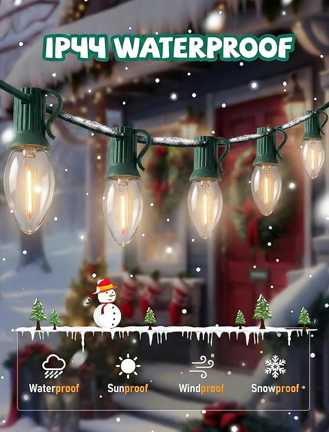 C7 LED Christmas Lights, 25Ft Vintage C7 Christmas Lights with 27 LED Clear Bulbs, Hanging Connectable String Light for Patio Garden Holiday Home Xmas Decor