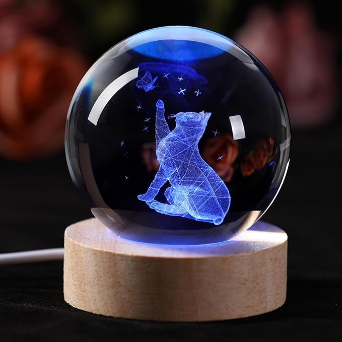 3D Cat Figurine in Crystal Ball Nightlight with Colorful LED Base, Cute Cat Lover Gifts for Woman, Crystal Glass Kitten Collectibles Kitty Handmade Emotional Support