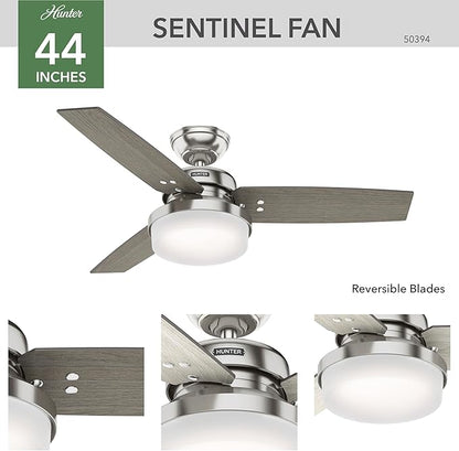 Hunter 44 inch Indoor Ceiling Fan with LED Light and Remote Control - Standard Mount Ceiling Fan, 3 Blades, For Bedroom, Living Room, or Kitchen - Sentinel 50394, Brushed Nickel