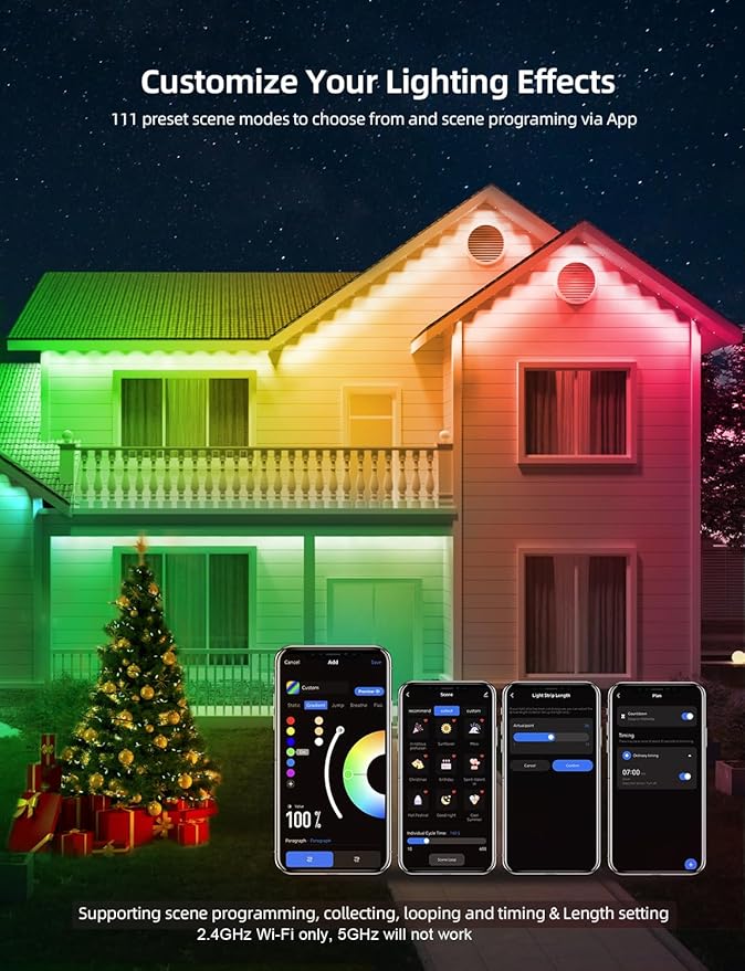 APPECK Permanent Outdoor Lights 100ft with 72 LEDs, 111 Scene Modes, Smart RGBW String Lights Waterproof, App & Remote Control for Christmas, Holidays, Compatible with Alexa, Google, White