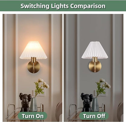 Brushed Brass Wall Sconces Sets of 2 With White Pleated lampshade, Indoor Gooseneck Gold Wall Lamp Lighting, Bathroom Dresser Hardwired sconces wall decor Fixture for Living Room Bedroom Dining Room