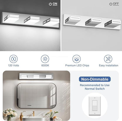LED Modern Bathroom Light Fixtures, 3-Light 24-Inch Chrome Vanity Lights for Bathroom Lighting Fixtures Over Mirror, 6000K Cool White 350° Rotatable Wall Lamp