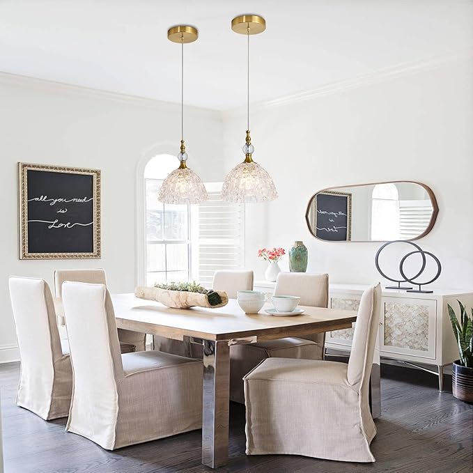 2 Pack Modern Bronze Glass Pendant Light 7.68 in Dome Light Fixture with K9 Crystal Ball Adjustable Height Vintage Brass Hanging Lights for Kitchen Island Bedroom Dining Room Living Room