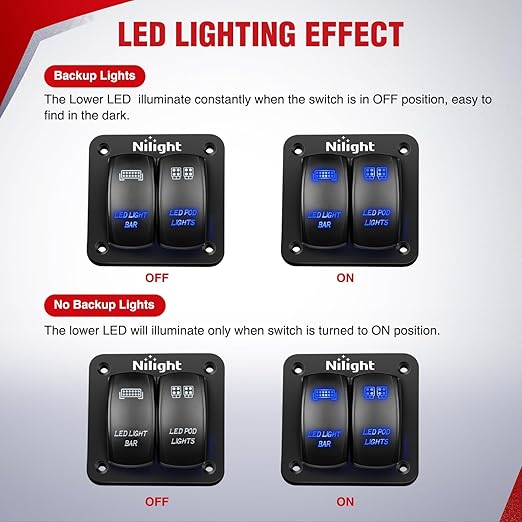 Nilight 16AWG LED Light Bar Wiring Harness Kit 12V On/Off 2 Gang Rocker Switch Panel Power Relay Blade Fuse 5Pin Toggle Switches for Cars Boat ATV Trucks-4 Leads