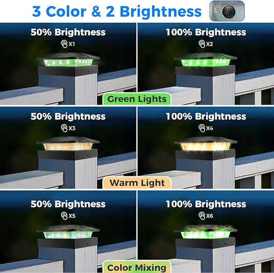 Peasur 2 Packs 4x4 Solar Post Lights Outdoor, Green & Warm White LED Fence Caps Light Waterproof, Wood & Vinyl Post Top Lighting for Deck Mailbox Railing Porch Outside