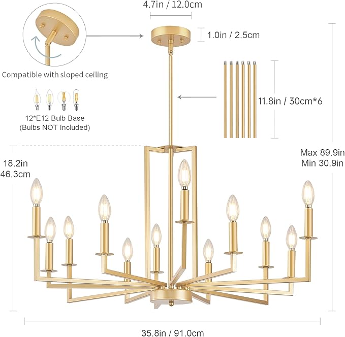 Modern Gold Chandelier, Farmhouse Candle Dining Room Chandeliers, Metal Hanging Pendant Light Fixture for Kitchen, Foyer, Bedroom, Living Room, Staircase, Entryway, 12-Light