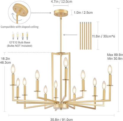 Modern Gold Chandelier, Farmhouse Candle Dining Room Chandeliers, Metal Hanging Pendant Light Fixture for Kitchen, Foyer, Bedroom, Living Room, Staircase, Entryway, 12-Light