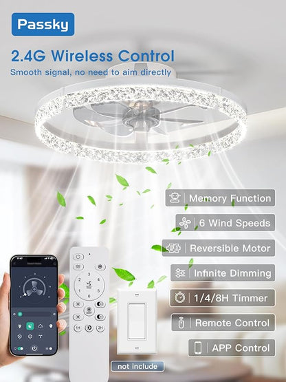 Passky 20” Low Profile Ceiling Fan with Lights and Remote, Dimmable LED Flush Mount Fandelier, 6 Speeds, 3000K–6000K, White Modern Ceiling Fan for Bedroom, Kitchen, Living Room