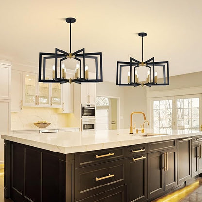 27.6" Modern Black and Gold Chandelier for Dining Room, 8-Light Easy To Install Farmhouse Dining Room Light Fixture Over Table, Industrial Hanging Pendant Lights for Kitchen Island, Foyer, Entryway