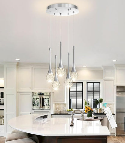 cenzoz 5-Lights Modern Pendant Lights for Kitchen Island LED Dimmable Chandelier Crystal Glam Ceiling Pendant Lighting for Dining Room Hallway Bedroom Lamp Brushed Nickel