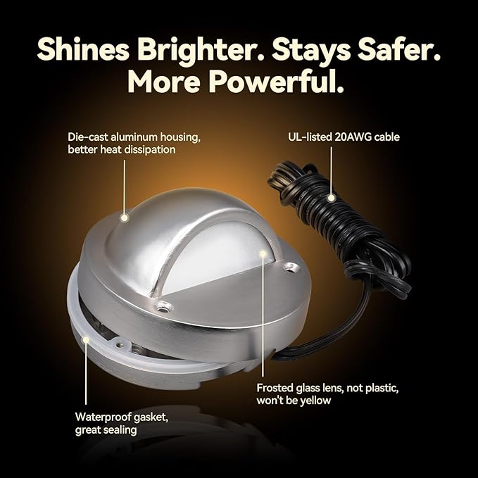 LEONLITE Update 5CCT LED Low Voltage Deck Light, 180LM 3.5inch Landscape Step Railing Fence Light, 12-24V AC/DC, CRI90, Die-cast Aluminum Housing & Frosted Glass Lens, UL Cord, Satin Nickel, Pack of 6