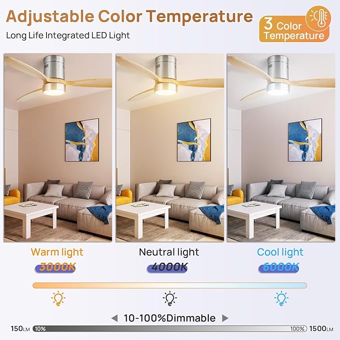 Sofucor 52 Inch Smart Ceiling Fans with Light-Modern Solid Wood Outdoor 3 Blades Ceiling Fan with Light Alexa/Google/APP/Remote Control for Bedroom Living Room Farmhouse,Brushed Nickel&Natural Wood