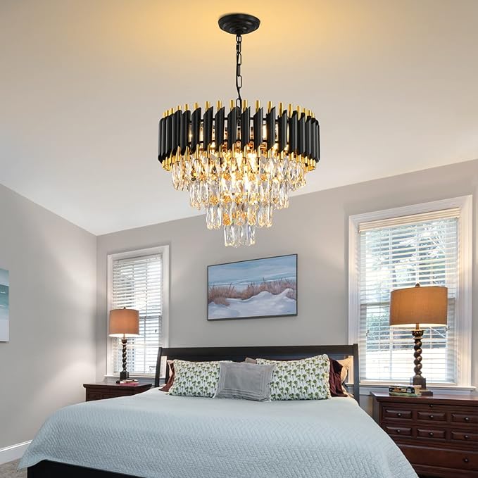 Gold Modern Crystal Chandeliers 4-Tier K9 Round Black and Gold Crystal Chandelier Light Fixture 7 Lights Hanging Pendant Ceiling Light Fixture for Dining Room Living Room Bedroom Entryway Foyer W20in