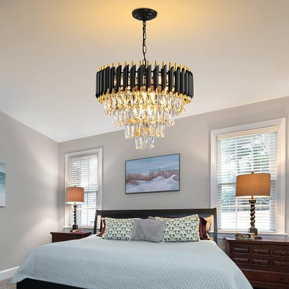 Gold Modern Crystal Chandeliers 4-Tier K9 Round Black and Gold Crystal Chandelier Light Fixture 7 Lights Hanging Pendant Ceiling Light Fixture for Dining Room Living Room Bedroom Entryway Foyer W20in