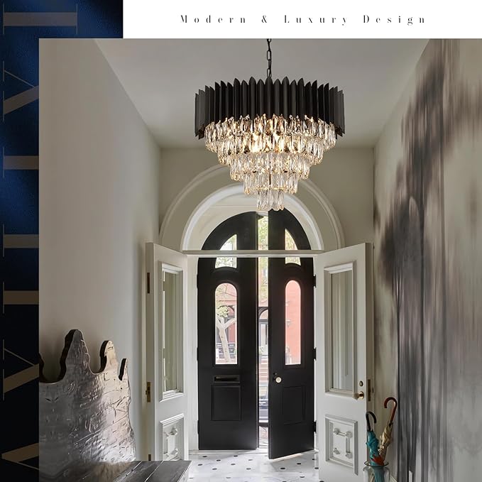 A AXILIXI Black Crystal Chandeliers Modern Round Chandeliers 24" Dimmable 12 Lights Ceiling Pendant Light Fixtures 5 Tiers Luxury Raindrop for Living Room Dining Room Bedroom Foyer