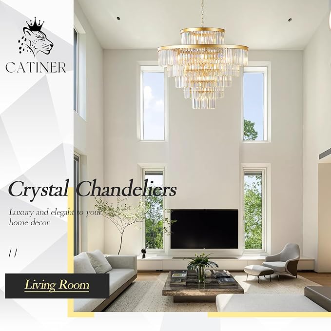 CATINER Large 36" Gold Crystal Chandeliers 23 Lights Modern Luxury Chandelier for Foyer Staircase Chandeliers 6 Tiers Round K9 Ceiling Pendant Lighting Fixture for Living Dining Room