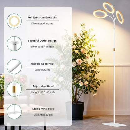 SDOVUERC Full Spectrum Grow Light with Stand for Indoor Plants, Floor Plant Light, 6/12/18H Timer, 3 Color Modes, Adjustable Height 16.5–68in, for Large Plants & Home Décor(Tri-Head,Faux Wood Grain)