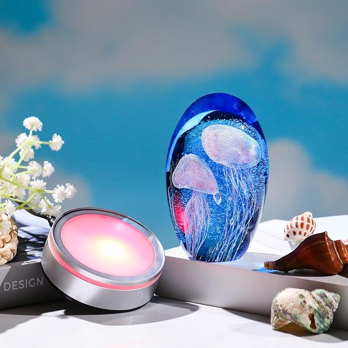 Hand Blown Glass Jellyfish Lamp - Ocean Themed Crystal Ball Desk Decor with LED Light, Aquarium & Beach Room Decoration, Collectible Figurine Paperweight Gift for Women (Purple)