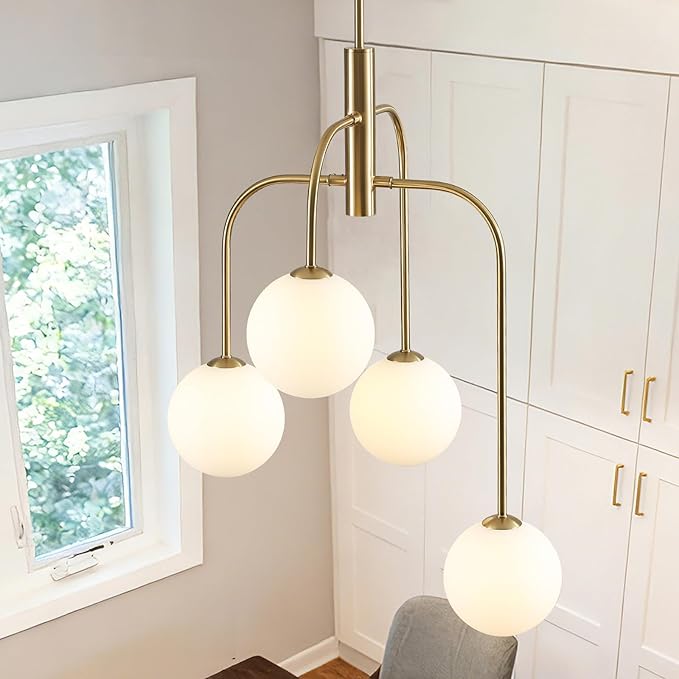 4-Light Mid Century Modern Chandelier Milk Glass Globe Chandelier Light Fixture Gold Sputnik Hanging Pendant Light for Dining Room Kitchen Island Entryway