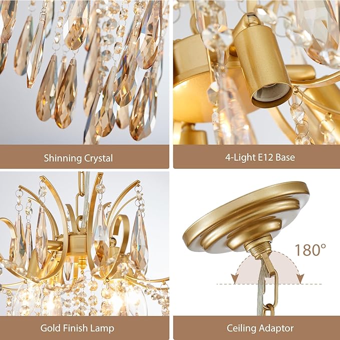 Gold Crystal Chandeliers for Dining Room 4-Light Modern Luxury Light Fixture for Living Room Bedroom Pendant Ceiling Hanging Light, Mid Century